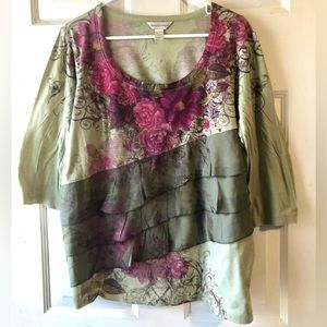 Christopher & Banks Sage Green Magenta Floral Asymmetric Tier Ruffle Knit Top XL